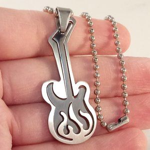 Mens Stainless Steel Fire Flame Electric Guitar Cut Fit Pendant Chain Necklace